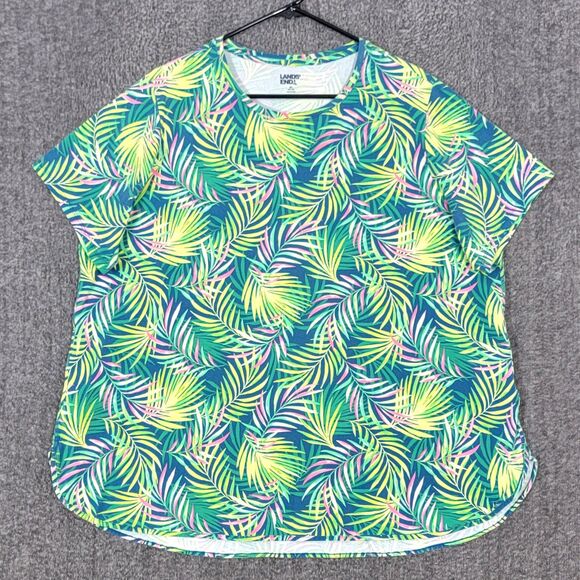 Lands End T-Shirt Womens 2X Blue Green Tropical Resort Palm Leaves Colorful Soft - Picture 1 of 11